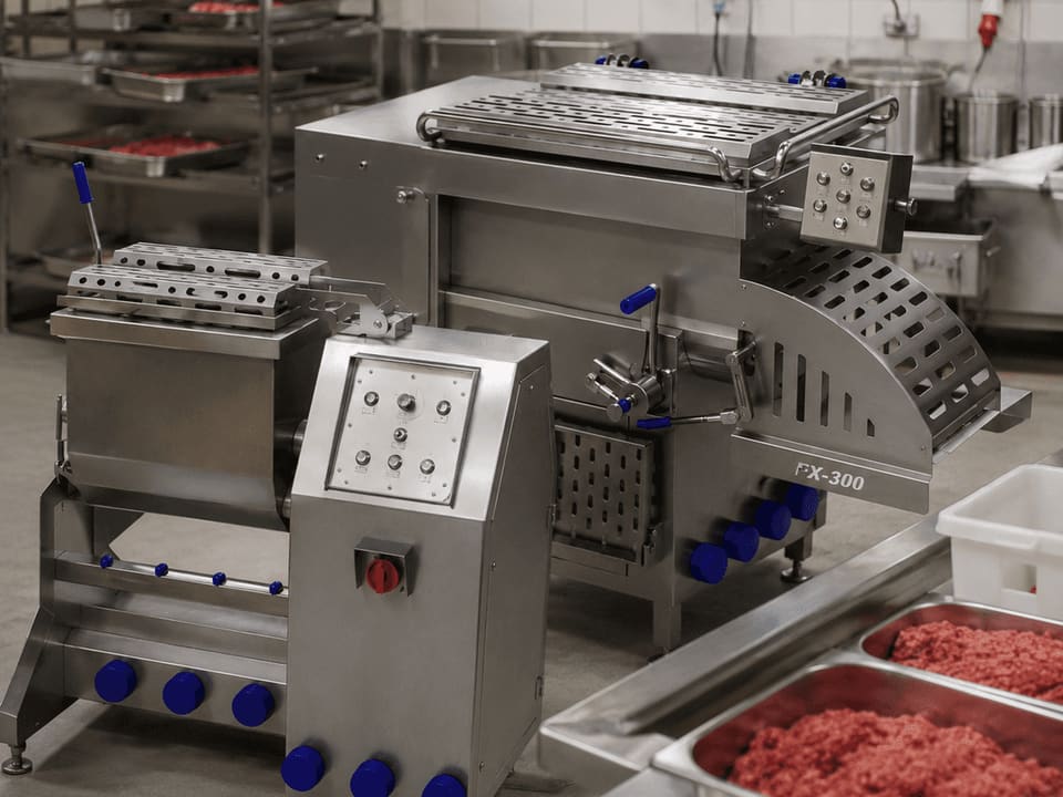 Фаршемешалки в цеху с примерами продуктов